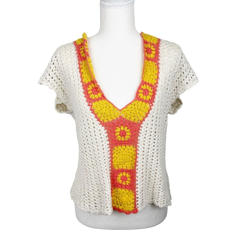 Mak Crochet Knit Blouse Women Medium Beige Orange V-Neck Cotton Casual